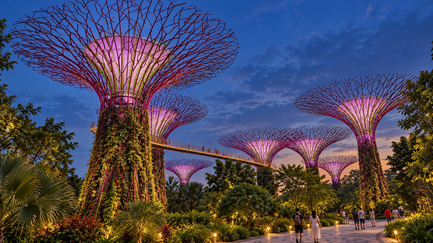 Planted Supertrees glowing above garden paths at dusk.