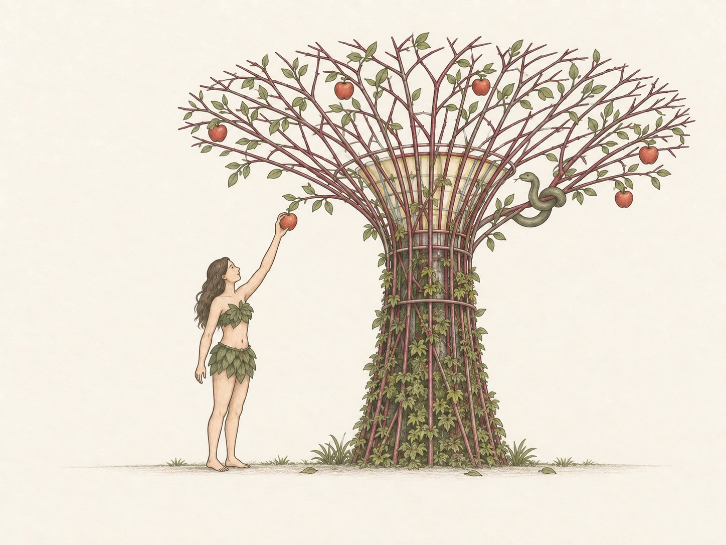 In a tropical Eden, Eve picks an apple from a planted steel Supertree while a serpent watches from a low branch.