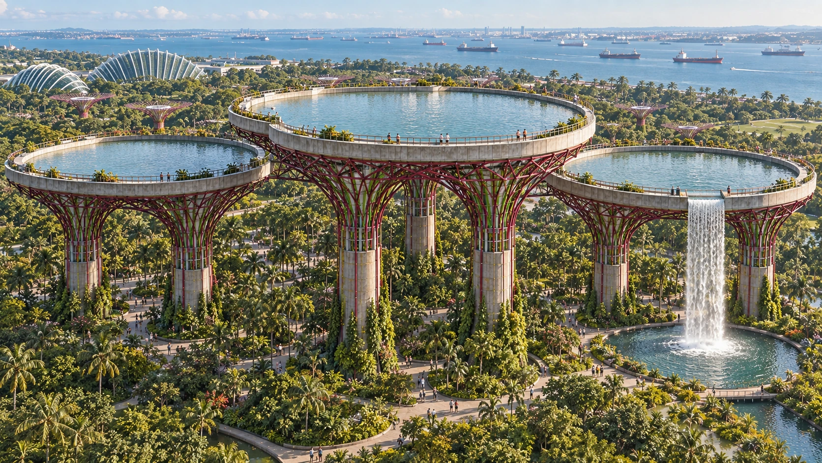 Wide shallow lakes rest on branching columns above a tropical garden.