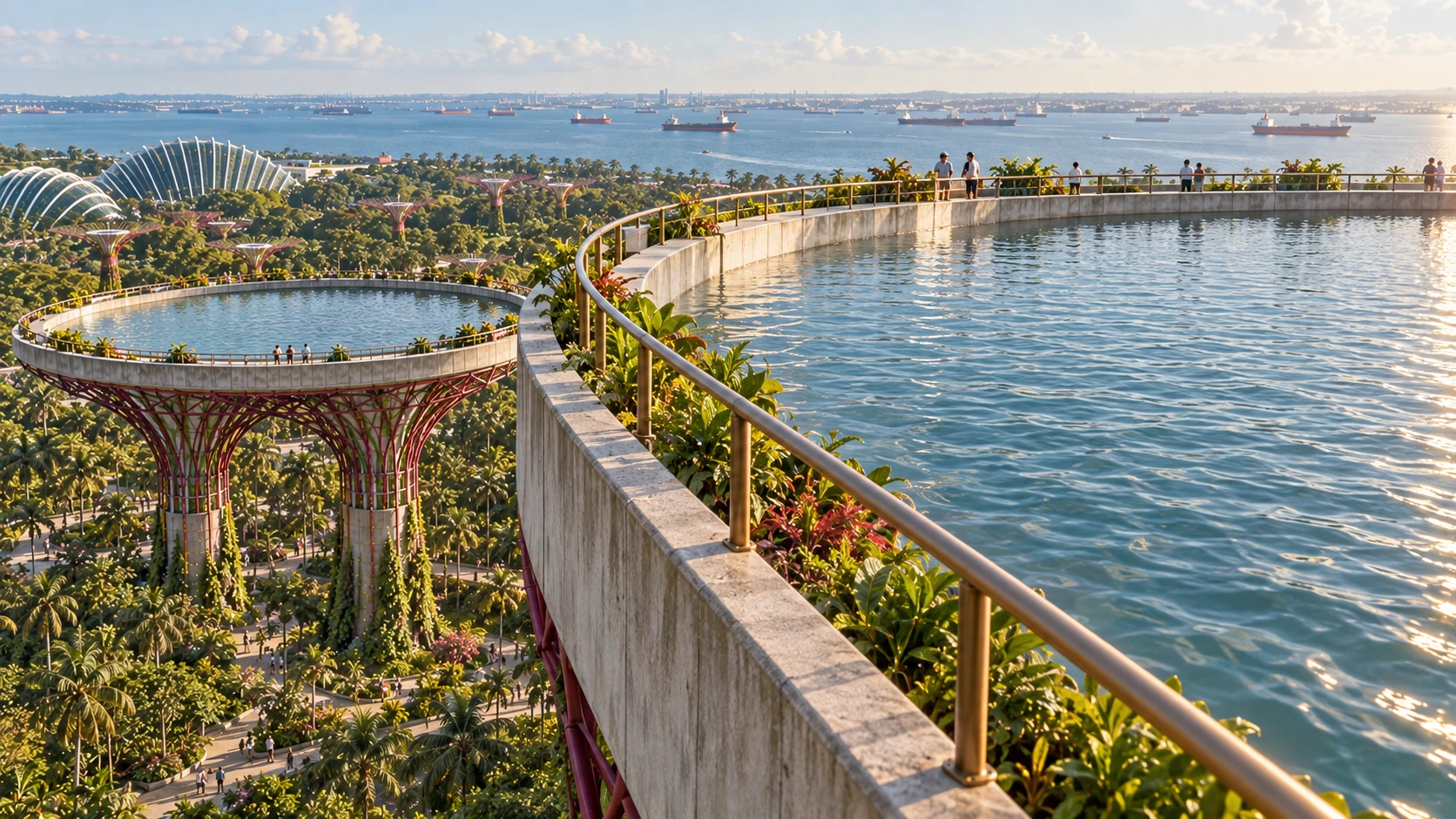 The edge of an elevated lake, with people on its narrow perimeter walkway.
