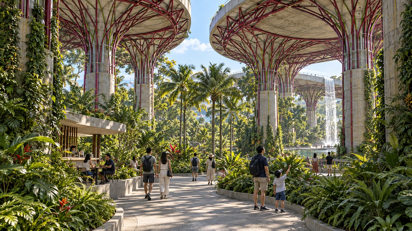 People and café tables beneath the broad bowls, with daylight entering between them.