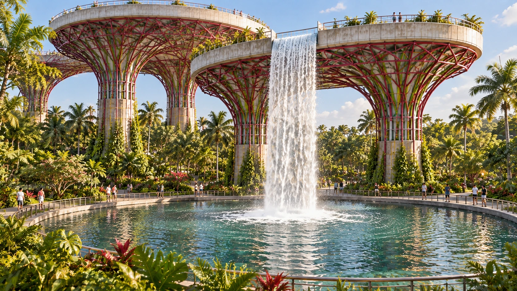 A wide waterfall dropping from an elevated basin into a dedicated pool in the garden.