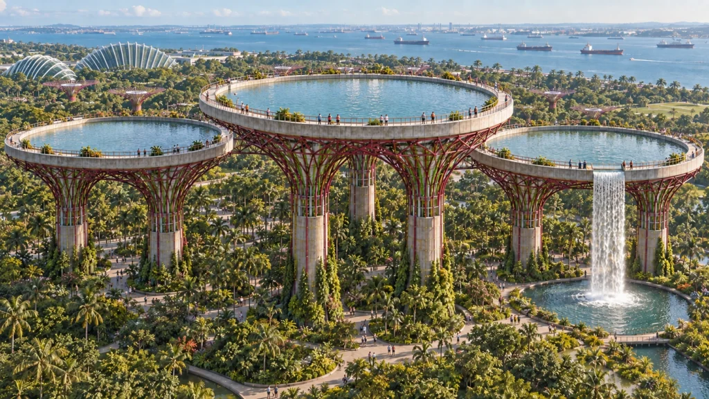 Three smooth oval lakes on branching columns, with perimeter walkways above a tropical garden.