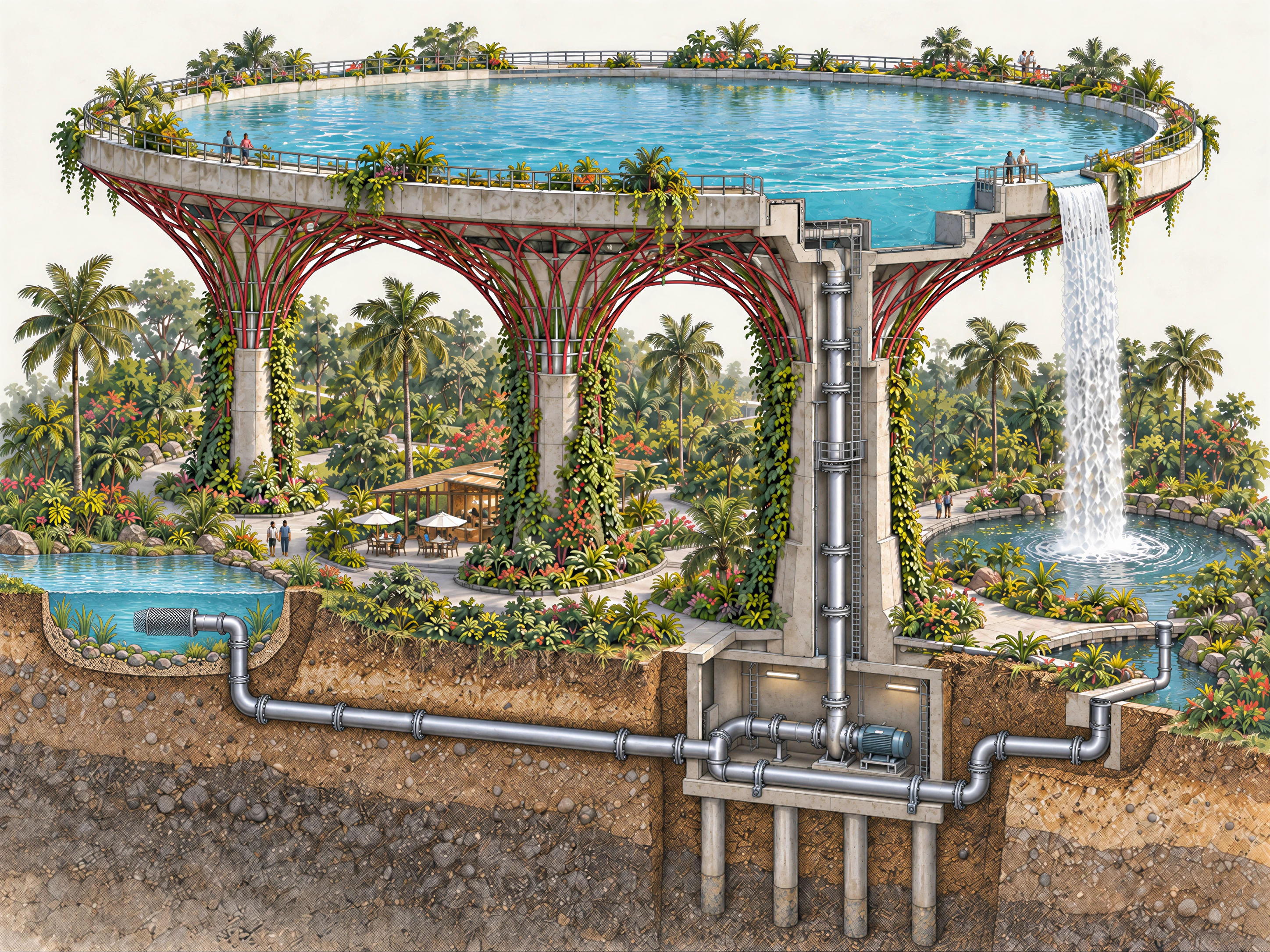 An illustrated cutaway of an imagined elevated lake, its supporting columns, underground pump and pipes connecting the ponds.